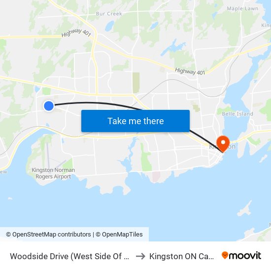 Mona / Woodside to Kingston ON Canada map