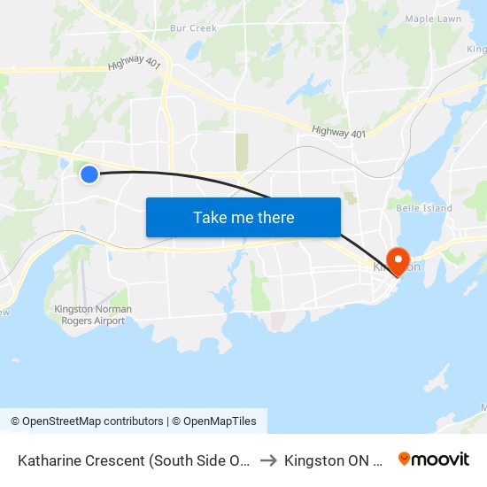 Woodbine / Katharine to Kingston ON Canada map