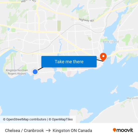 Chelsea / Cranbrook to Kingston ON Canada map