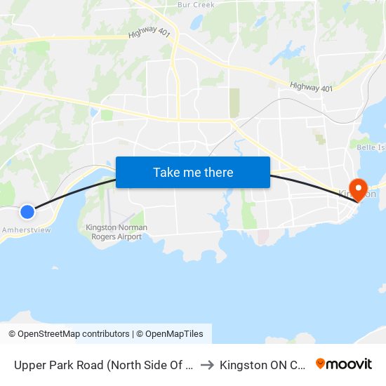 Upper Park Road (North Side Of Amherst) to Kingston ON Canada map