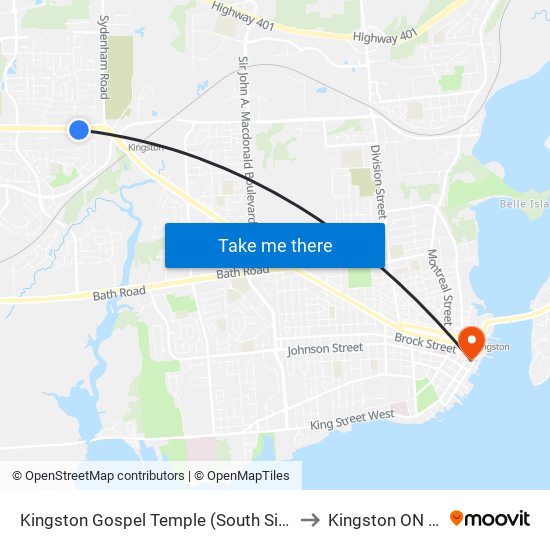 Kingston Gospel Temple (South Side Of Princess) to Kingston ON Canada map