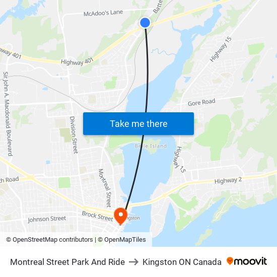 Montreal Street Park And Ride to Kingston ON Canada map