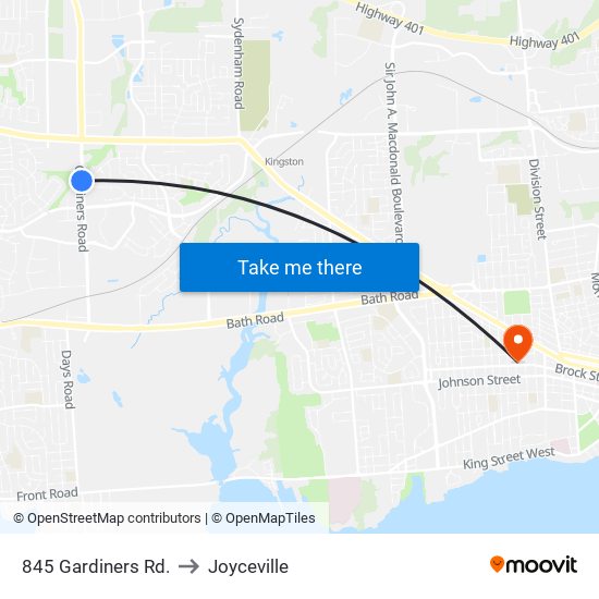 845 Gardiners Rd. to Joyceville map