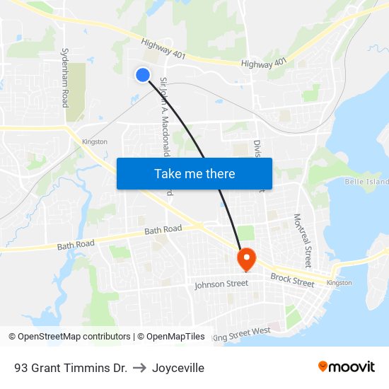 93 Grant Timmins Dr. to Joyceville map