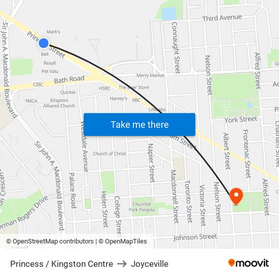 Kingston Centre (South Side Of Princess) to Joyceville map