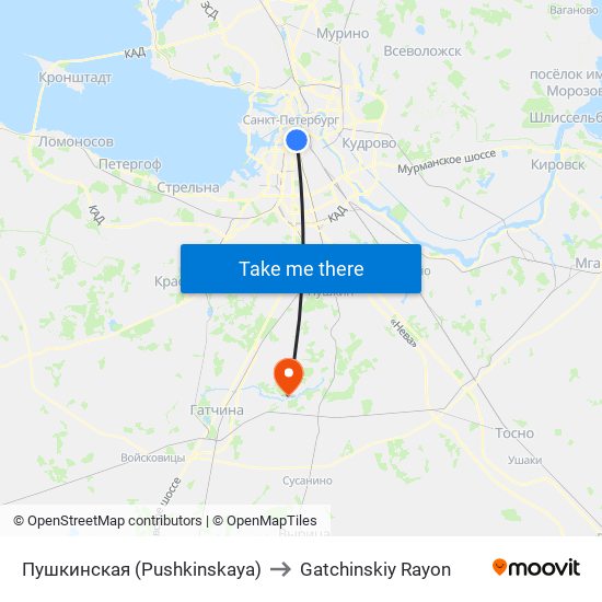 Пушкинская (Pushkinskaya) to Gatchinskiy Rayon map