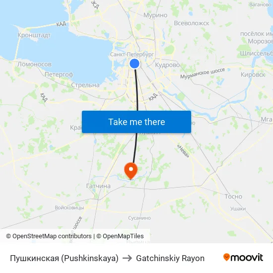 Пушкинская (Pushkinskaya) to Gatchinskiy Rayon map