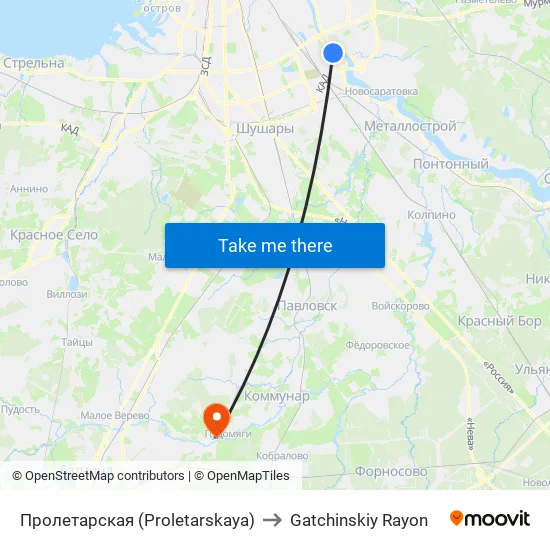Пролетарская (Proletarskaya) to Gatchinskiy Rayon map
