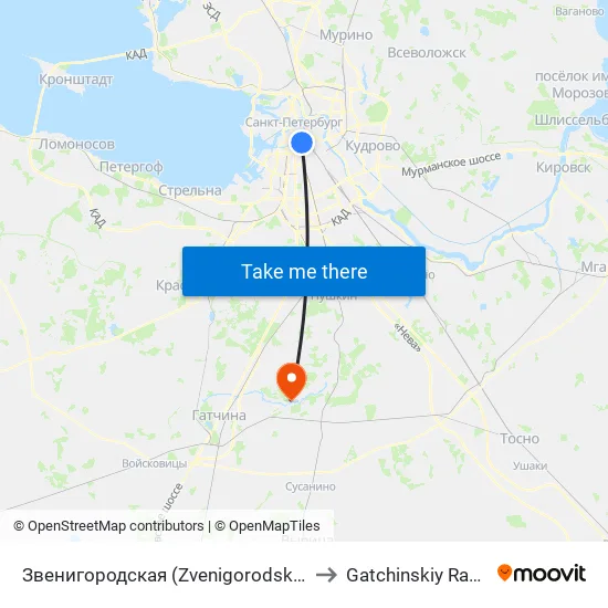 Звенигородская (Zvenigorodskaya) to Gatchinskiy Rayon map