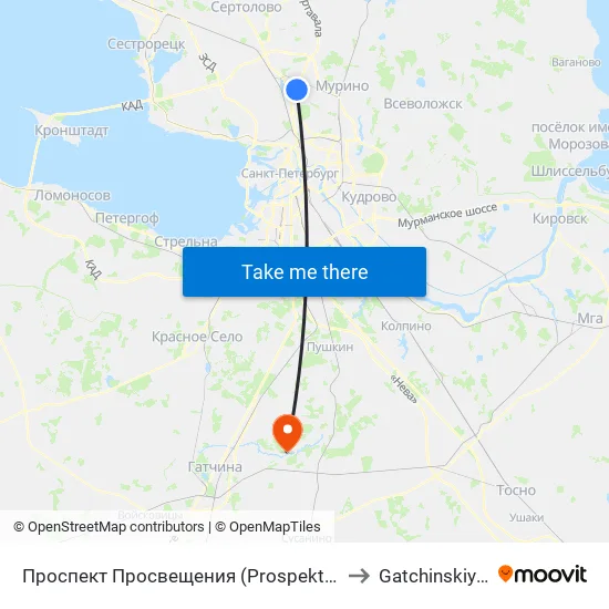 Проспект Просвещения (Prospekt Prosveschenya) to Gatchinskiy Rayon map