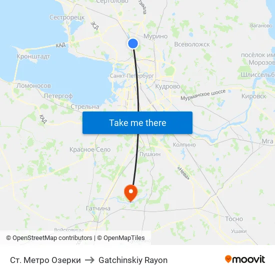 Ст. Метро Озерки to Gatchinskiy Rayon map