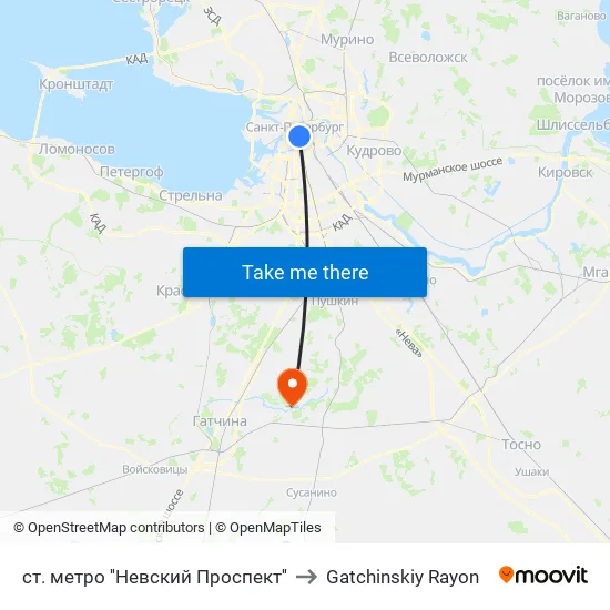 Nevsky Prospekt Metro Station to Gatchinsky District map