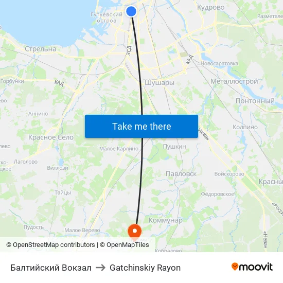 Балтийский Вокзал to Gatchinskiy Rayon map