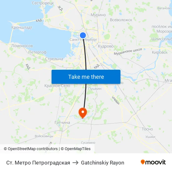 Ст. Метро Петроградская to Gatchinskiy Rayon map