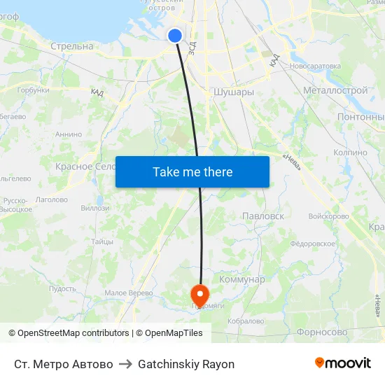 Ст. Метро Автово to Gatchinskiy Rayon map