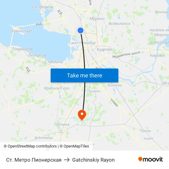 Ст. Метро Пионерская to Gatchinskiy Rayon map