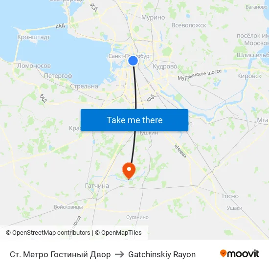 Ст. Метро Гостиный Двор to Gatchinskiy Rayon map