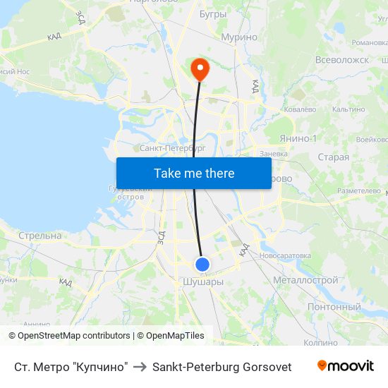 Ст. Метро "Купчино" to Sankt-Peterburg Gorsovet map