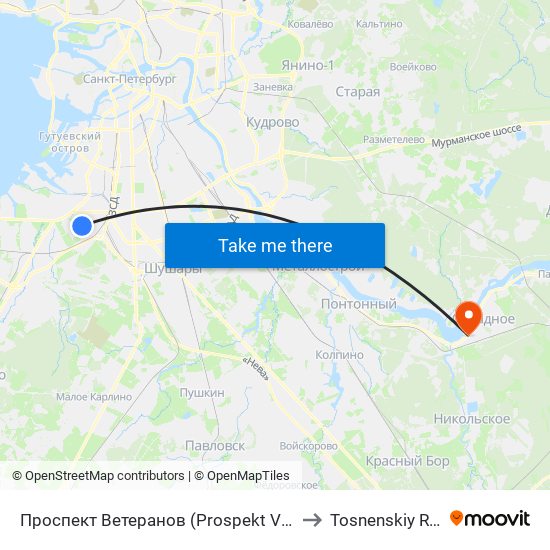 Проспект Ветеранов (Prospekt Veteranov) to Tosnenskiy Rayon map