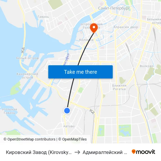 Кировский Завод (Kirovsky Zavod) to Адмиралтейский Район map