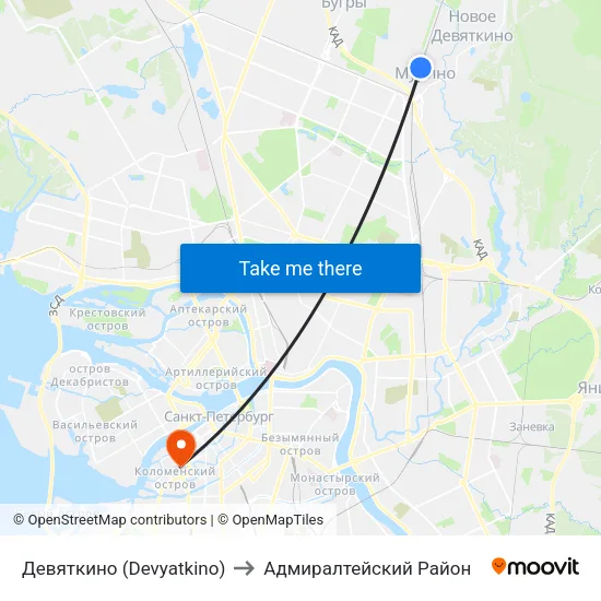 Девяткино (Devyatkino) to Адмиралтейский Район map