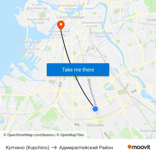 Купчино (Kupchino) to Адмиралтейский Район map