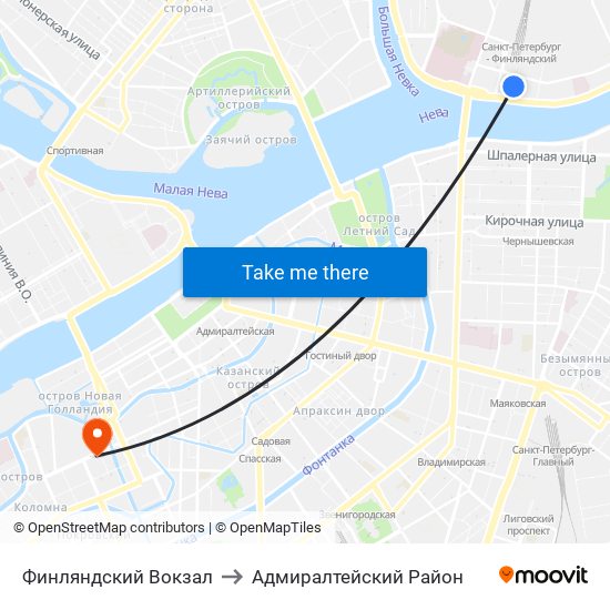 Финляндский Вокзал to Адмиралтейский Район map