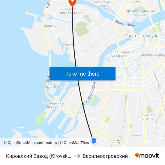 Кировский Завод (Kirovsky Zavod) to Василеостровский Район map