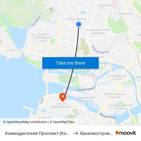 Комендантский Проспект (Komendantskiy Prospekt) to Василеостровский Район map