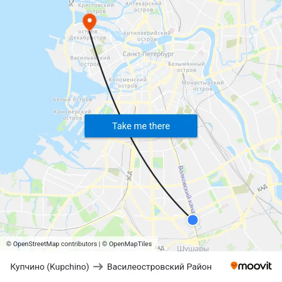 Купчино (Kupchino) to Василеостровский Район map