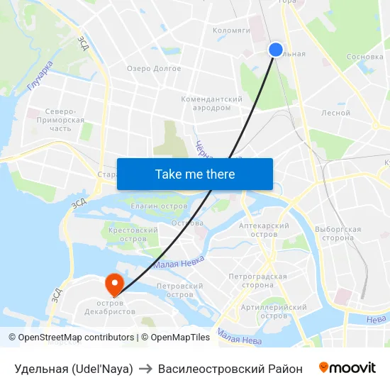 Удельная (Udel'Naya) to Василеостровский Район map