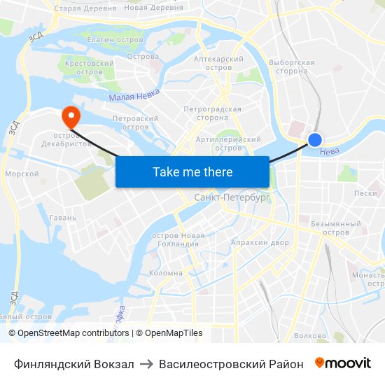 Финляндский Вокзал to Василеостровский Район map