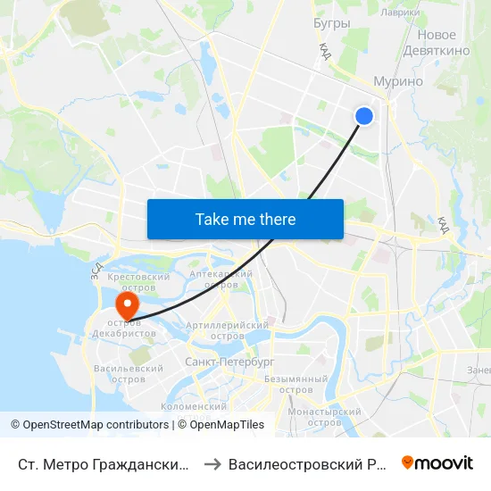 Ст. Метро Гражданский Пр. to Василеостровский Район map