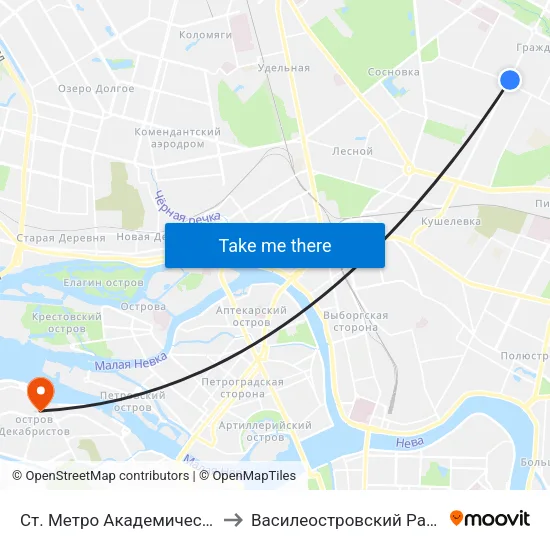 Ст. Метро Академическая to Василеостровский Район map
