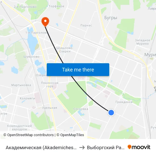 Академическая (Akademicheskaya) to Выборгский Район map