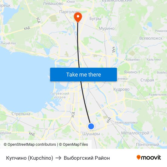 Купчино (Kupchino) to Выборгский Район map