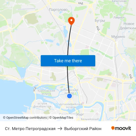 Ст. Метро Петроградская to Выборгский Район map
