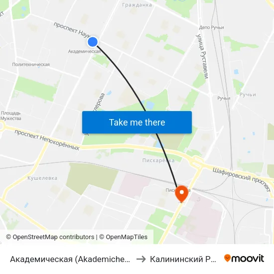 Академическая (Akademicheskaya) to Калининский Район map