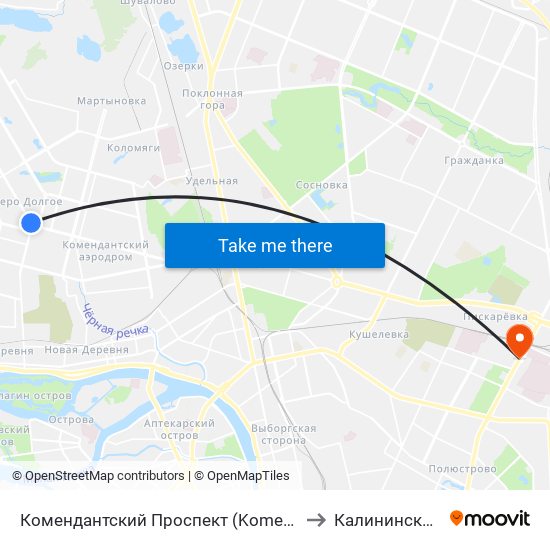 Комендантский Проспект (Komendantskiy Prospekt) to Калининский Район map