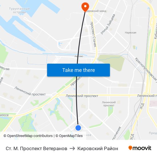 Ст. М. Проспект Ветеранов to Кировский Район map