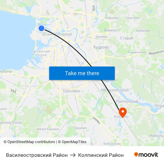 Василеостровский Район to Колпинский Район map