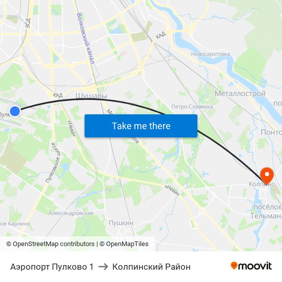 Аэропорт Пулково 1 to Колпинский Район map