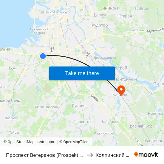 Проспект Ветеранов (Prospekt Veteranov) to Колпинский Район map