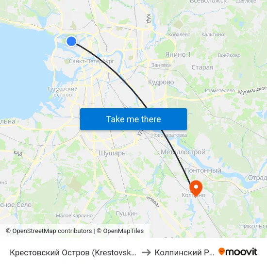 Крестовский Остров (Krestovskiy Ostrov) to Колпинский Район map