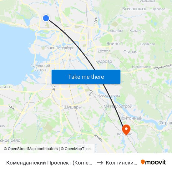 Комендантский Проспект (Komendantskiy Prospekt) to Колпинский Район map