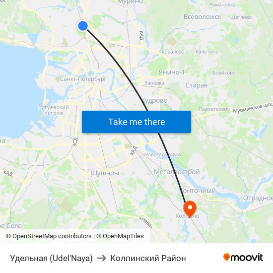 Удельная (Udel'Naya) to Колпинский Район map