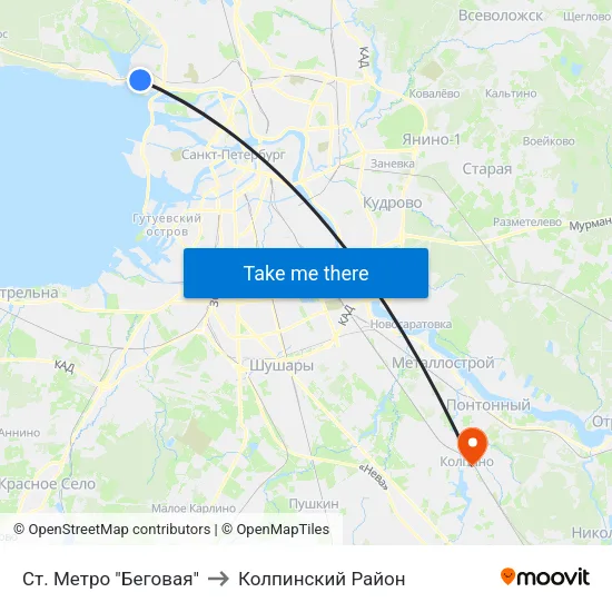 Ст. Метро "Беговая" to Колпинский Район map
