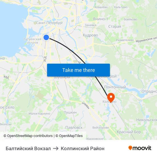 Балтийский Вокзал to Колпинский Район map