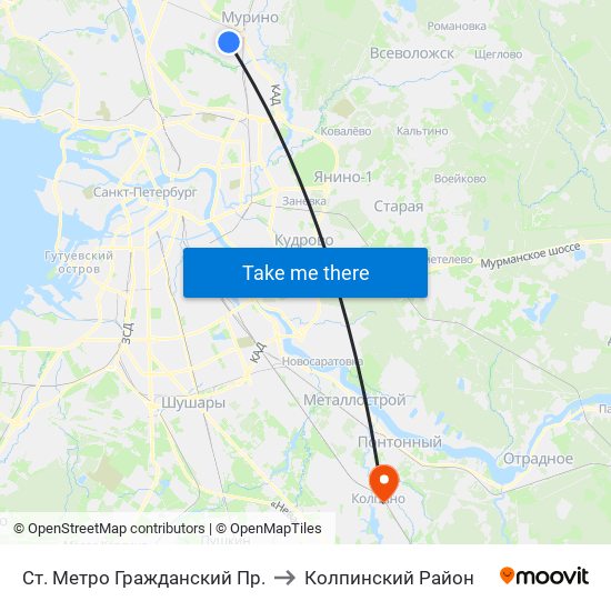 Ст. Метро Гражданский Пр. to Колпинский Район map