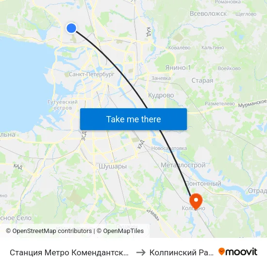 Станция Метро Комендантский Пр. to Колпинский Район map